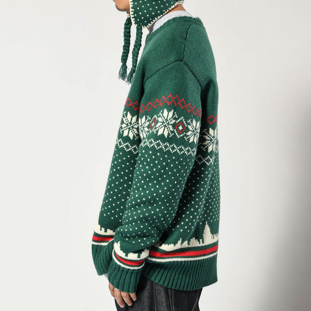 City Scape Knit Sweater New York GRN シティー スケープ ノルディック ニット セーター