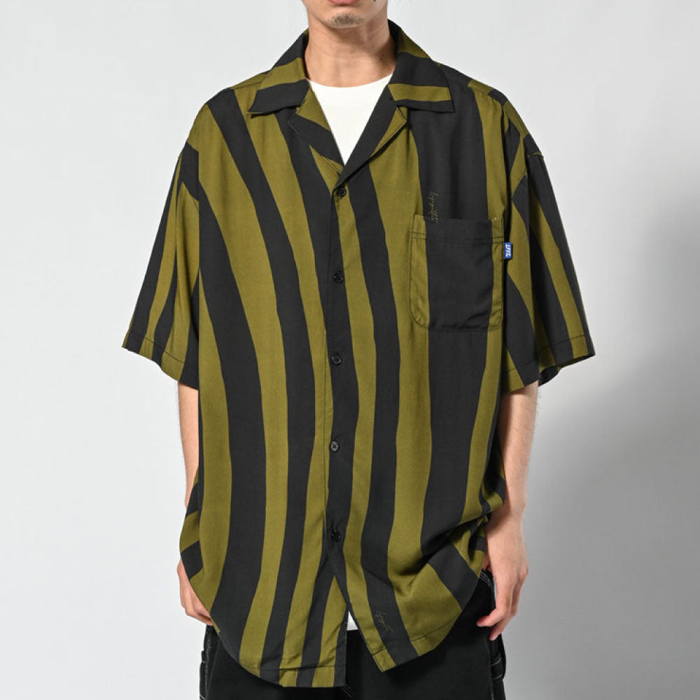 Distorted Stripe S/S Shirt Olive 半袖 シャツ